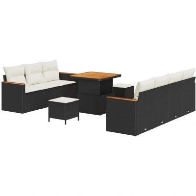 Image of vidaXL 10 Piece Garden Sofa Set with Cushions Black Poly Rattan Acacia