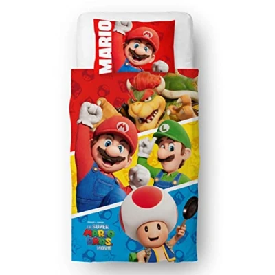 Image of Character World Nintendo Super Mario Movie Official Single Childs Duvet Cover Set Jump Design Reversible 2 Sided Bedding Including Matching Pillow Case Brands Bed Polycotton