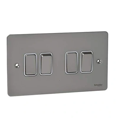 Image of Schneider Electric Ultimate Flat Plate 4 Gang Rocker 2 Way Light Switch, Single Pole, 16AX, GU1242WPN, Pearl Nickel with White Insert