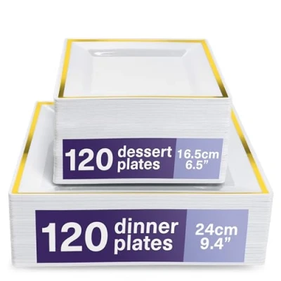 Image of MATANA 240 Premium White Square Plastic Plates with Gold Rim 120 24cm Dinner Plates, 16.5cm Dessert Elegant &amp; Reusable Party for Weddings, Birthdays, BBQ, Parties