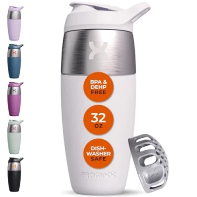 Image of Promixx Pursuit Shaker Bottle Single Wall Stainless Steel Protein Bottle, Super Smooth Shakes, 950ml, Ceramic White