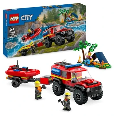 Image of LEGO City 4x4 Fire Engine with Rescue Boat Building Toys for 5 Plus Year Old Boys &amp; Girls, Imaginative Play Set Includes a Dinghy, Trailer, Tent, Camper and 2 Firefighter Minifigures, Gift Idea 60412