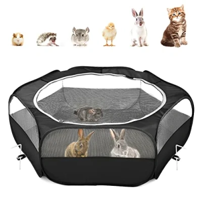 Image of Pawaboo Small Animals Playpen, Waterproof Pet Cage Tent with Zippered Cover, Portable Outdoor Yard Fence 3 Metal Rod for Kitten/Puppy/Guinea Pig/Rabbits/Hamster/Chinchillas, Black