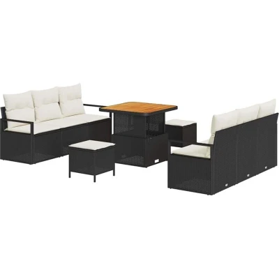 Image of vidaXL 9 Piece Garden Sofa Set with Cushions Black Poly Rattan Acacia