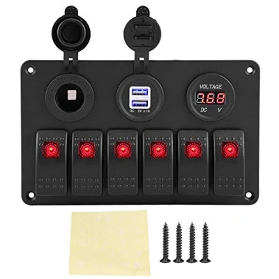 Image of Marine Switch Panel 6 Boat Car Switches Gang Led 12V 24V Rocker Dual Usb Voltmeter Cigarette Lighter Red