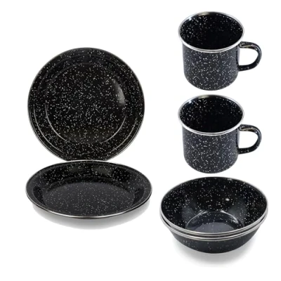 Image of Navoys 6pc Enamel Camping Set 2 Mugs, Plates and Bowls Black, Heat Resistant, Ideal Accessory for Camping, Picnic, Hiking, Fishing (2 &amp; Plates)