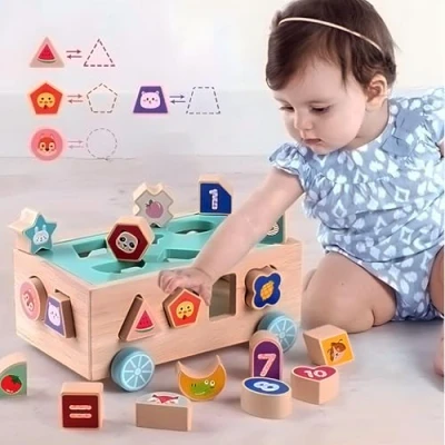 Image of RLS Wooden Pull a long Cognition Matching Car Toy with 18 Hole Intelligence Box Children&#039;s Building Blocks Early Education toys