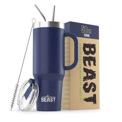 Image of Beast Tumbler 1500 ml (50 oz), Royal Blue Reusable Stainless Steel, Vacuum Insulated Cup with + 2 Straws &amp; Cleaning Brush Double Wall Travel Flask Perfect for Hot or Iced Coffee BPA Free