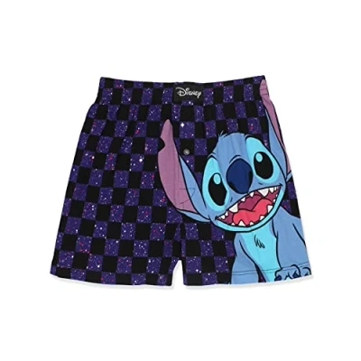 Image of Lilo &amp; Stitch Galaxy Check Mens Cotton Jersey Button Fly Boxer Lounge Shorts (XX Large, Navy)