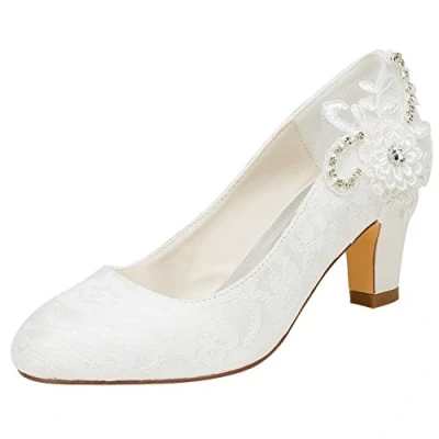 Image of Emily Bridal Wedding Shoes Women&#039;s Satin Chunky Heel Closed Toe with Sequin Stitching Lace (EU37/UK4, Ivory)