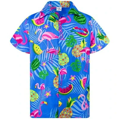 Image of King Kameha Hawaiian Shirt Men Fruit Designs Regular Short Sleeve, Flamingo Melon, Indigoblue, XXL