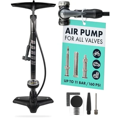 Image of AARON Sport One Bike Floor pump with Pressure Gauge Presta Schrader High Incl. Ball Attachment Tyre for E Bike, Mountain Road Grey