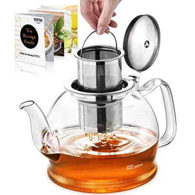 Image of Glass Teapot, 1200 ml Tea Pot, STNTUS Teapot with Infuser, Borosilicate Infuser for Loose Tea, Stainless Steel Strainer 4 6 Cups