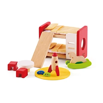 Image of Hape Children’s Room Highly Detailed Kid’s Doll House Furniture Set Including Bunk Beds, Table, Chairs and Rocket Ship