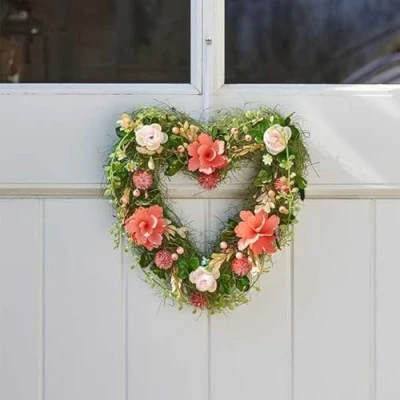 Image of Garden Mile Floral Artificial Foliage &amp; Flower Ornamental Heart Wreath Wall Hanging Fence Door Decoration Outdoor Indoor Waterproof Faux Flowers Love UV Resistant (Flora Heart)