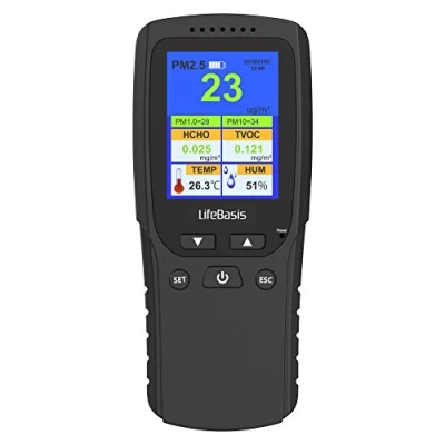 Image of LifeBasis Air Quality Monitor Formaldehyde Detector, Indoor Pollution Sensor for HCHO TVOC VOC AQI PM1.0 PM2.5 PM10 Particles Ultrafine Dust, TEMP HUM Real Time Tester Kit Home Office Car