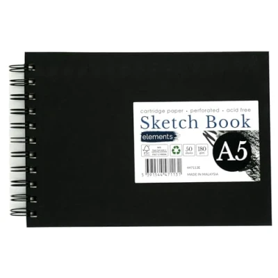 Image of Elements A5 Wire O Sketch Book 50 Sheets (100 Sides) 180 GSM Acid Free Paper Perforated Pages Ideal for Mixed Media Art (Black Cover)
