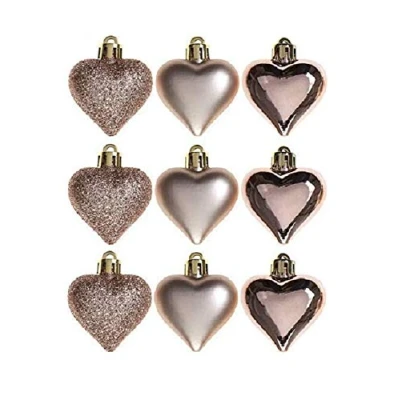 Image of Toyland Pack Of 9 5cm Rose Gold Heart Baubles Shiny Matte &amp; Glitter Design Christmas Tree Trims