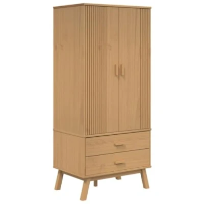 Image of vidaXL OLDEN Solid Pine Wood Wardrobe Brown, 76.5cmWx53cmDx172cmH with Drawers, Large Compartment, Wooden Handles &amp; Feet for Bedroom Storage