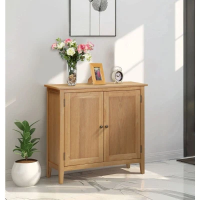 Image of Hallowood Furniture Aston Oak Effect Large Shoe Cabinet, Wooden 2 Door Storage Cupboard for Hallway, Multipurpose Sideboard, Entryway