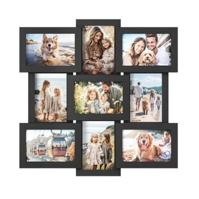Image of SONGMICS Picture Frame Collage for 9 Photos in 4x6, Frames, Photo Set, Glass, Assembly Required, Wall Mounted, Family Photos, MDF, Ink Black RPF029B01