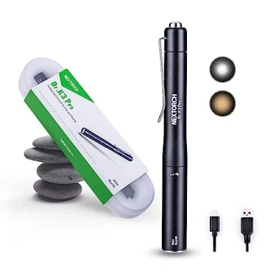 Image of Nextorch Rechargeable Pen Torch, Medical LED Penlight for Doctors and Nurses, Mini Light with Warm Yellow Neutral White Light, Pocket Clip (Black)