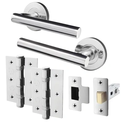 Image of EAI Door Handle Latch Set Polished Chrome Round T Bar Internal Handles, (64mm) &amp; Hinges (76mm) Silver Lever on Rose Oliena Range