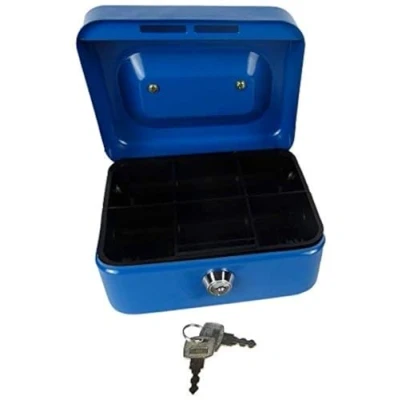 Image of Hyfive® Steel Security Petty Cash Box with Keys &amp; Tray in Blue, 6&quot;