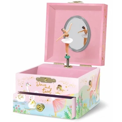 Image of Musical Ballerina Jewellery Box for Girls Kids Dancing Music with Mirror, Ballet Gifts Little Girls, Boxes, Childrens Birthday Gift, Ages 3 10, Pink