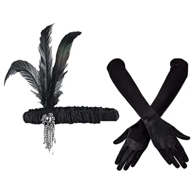 Image of VIKSAUN 2 Pieces 1920s Flapper Headband Accessories Set, Vintage Feather Headband, Black Long Gloves, Costume Prom Wedding Carnival Party, 20s Hair (2 Pieces)