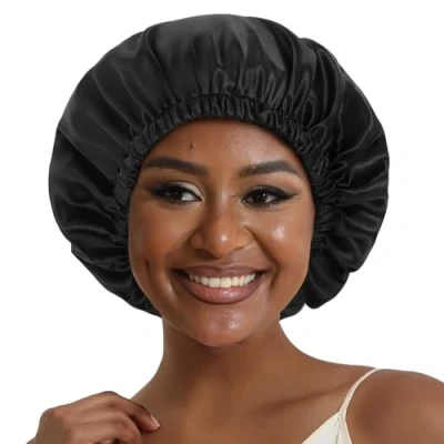 Image of Hat Hut Satin Bonnet Silk for Sleeping Hair Cap Curly Wrap Reversible (Black/Black)