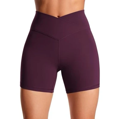 Image of CRZ Yoga Womens Butterluxe 5&quot; V Cross Cycling Shorts Crossover Gym High Waisted Tummy Control Workout Deep Purple 10