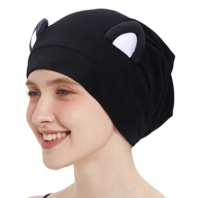 Image of Hat Hut Satin Bonnet Silk Hair Cover Sleep Cap for Curly Women Adjustable Lined Slouchy Beanie with Ears (Black Cat Women)