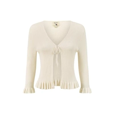 Image of Yumi Ivory Tie Up Ribbed Cardigan with Frill Hem L White