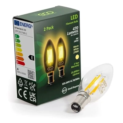 Image of ECO 40W Equivalent 4W LED Filament Candle Light Bulb, 470 Lumens, Warm White 2700K, B15 Small Bayonet, 25,000hrs Lifetime. (2xPACK)