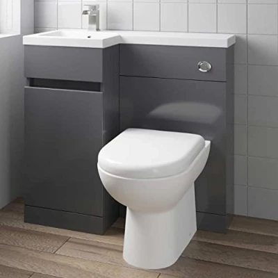 Image of Artis 900mm L Shape Bathroom Vanity Sink Unit Furniture Storage, Left Hand Gloss Grey + Basin+ Ceramic D Shaped Toilet with Concealed Cistern