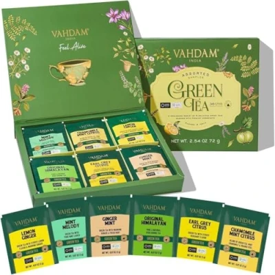 Image of VAHDAM, Assorted Green Tea Gift Set (6 Flavors, 36 Pyramid Bags) Long Leaf Variety Pack Premium Gifts for Women &amp; Men