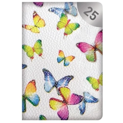 Image of 2025 Pocket Diary Week to View White Textured Cover Butterfly Design Silver Colour &quot;25&quot; Accent