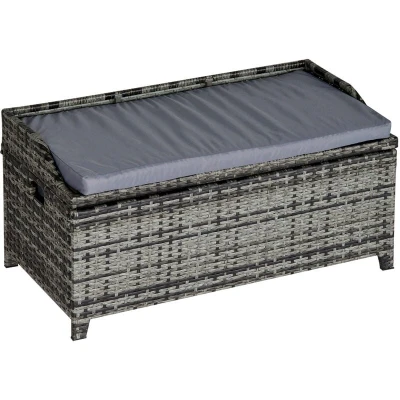 Image of Outsunny PE Rattan Outdoor Storage Benches, Aluminium Garden Bench with Underneath w/Zipped Inner Lining, Rods for Deck, Patio, Mixed Grey
