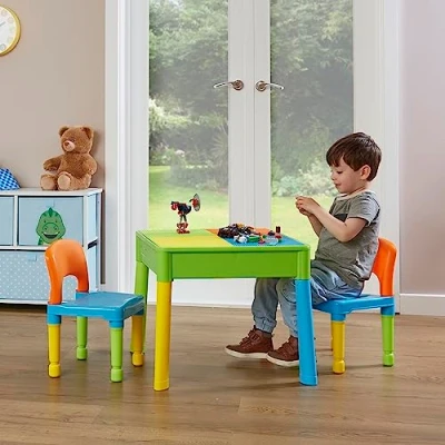 Image of Liberty House Toys Kids 5 in 1 Activity Table and 2 Chairs, Sand, Water, Construction Play, Multicolour