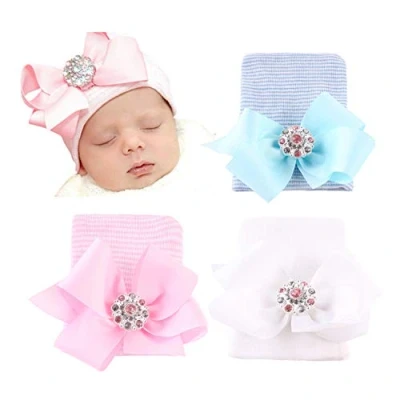 Image of DRESHOW 3 Pcs Newborn Hospital Hat Infant Baby Cap with Big Bow Soft Cute Knot Nursery Beanie