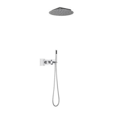 Image of Milano Mirage Modern Twin Diverter Thermostatic Mixer Shower Valve with 400mm Ceiling Mounted Round Recessed Rainfall Head, Hand Handset and 1.75m Hose Chrome