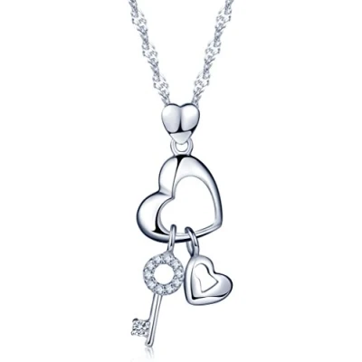 Image of Infinite U Unique Lock Key Hollow Hearts 925 Sterling Silver Cubic Zirconia Pendant Necklace for Women/Girls,