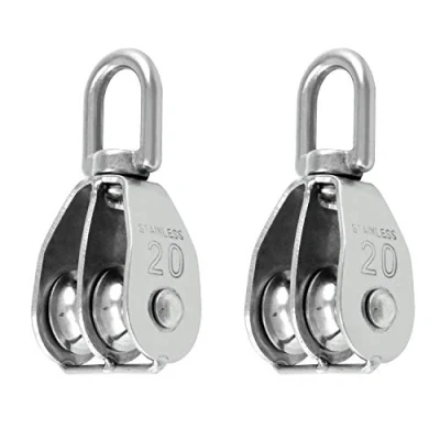 Image of QWORK® 2PCS M20 Double Pulley Block 304 Stainless Steel Wheel Roller for and Tackle System