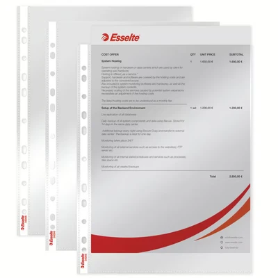 Image of Esselte Standard Brochure Cover Set Pack of 100 A4 Format Clear with Glossy Finish Top Opening 0.055 mm PP Foil 56066