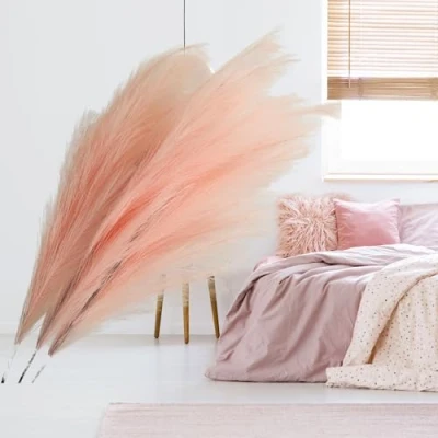 Image of Large Pink Pampas Grass Artificial 3 stems Faux For Floor Vase Pastel Long Feathers Blush Bedroom Accessories Home Decor Living Room