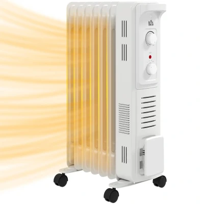Image of HOMCOM 1500W Oil Filled Radiator, 7 Fin Energy Efficient Portable Electric Heater with 3 Heat Settings, Adjustable Thermostat, Safety Tip Over, Overheat Protection, for Home, White