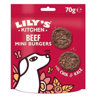 Image of Lily’s Kitchen Made with Natural Ingredients Adult Dog Treats Packet The Best Ever Beef Mini Burgers Grain Free Recipes 8 x 70g