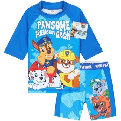 Image of Get Trend Swimsuit Set for Boys Teenagers 2 Pcs with Swimming Trunks Rash Vest Beach Trip Holiday Essentials (3 4 Years, Blue Paw Patrol)