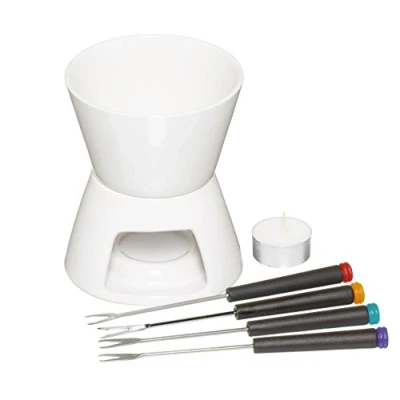 Image of KitchenCraft Chocolate Fondue Set in Gift Box, with Four Stainless Steel Forks and Tealight Candle, Ceramic Bowl Stand, Ideal for Parties Dipping Sweets, Fruit or Biscuits, White